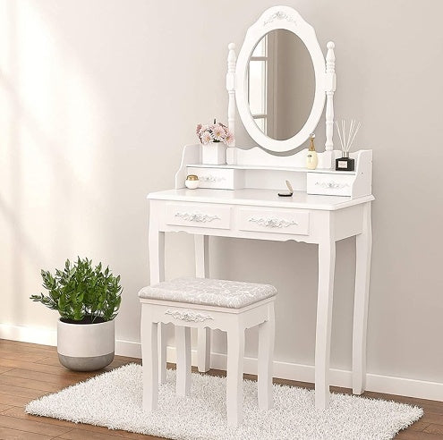 Vanity Table Set With 4 Drawer, Makeup Dressing Table W  Cushioned Stool