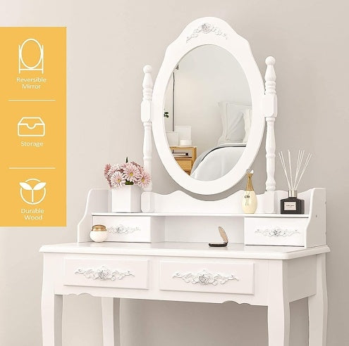 Vanity Table Set With 4 Drawer, Makeup Dressing Table W  Cushioned Stool