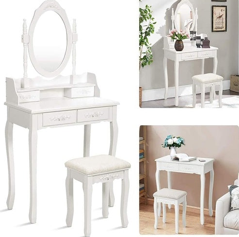 Vanity Table Set With 4 Drawer, Makeup Dressing Table W  Cushioned Stool